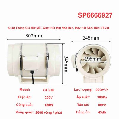 Quạt Thông Gió Hút Mùi, Quạt Hút Mùi Nhà Bếp, Máy Hút Khói Bếp ST-200